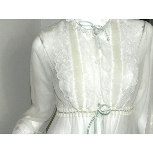 Miss Elaine Robe White Sheer‎ Blue Drawstring  Lace  Neck Ruffle Peignoir Small - Picture 4 of 13